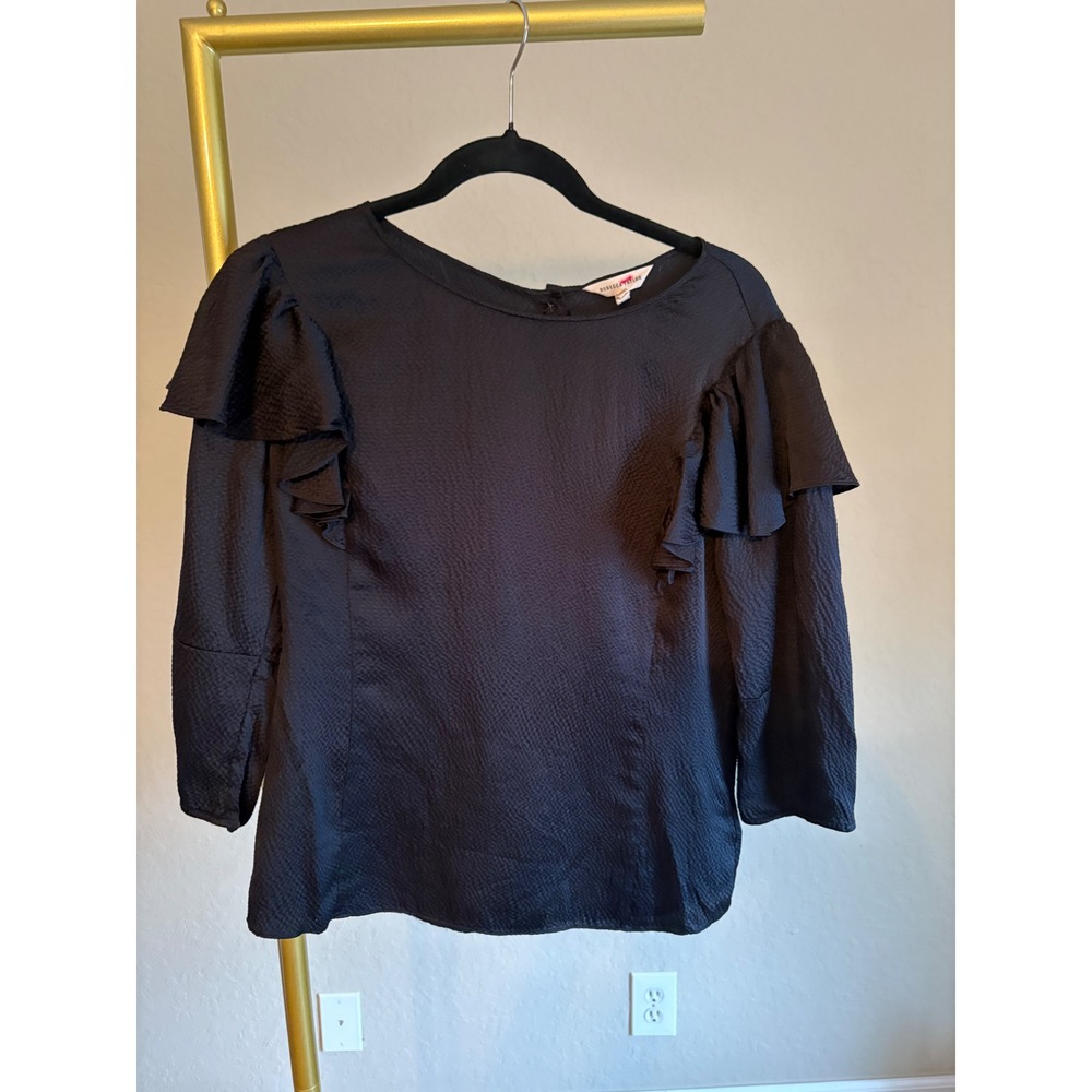 Rebecca Taylor Blouse Black 100% Silk Ruffle Button Back Size 6 Whimsigoth